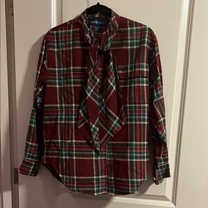 Ralph Lauren Women’s Plaid Button-Up Shirt with Attached Neck Tie – Size 6